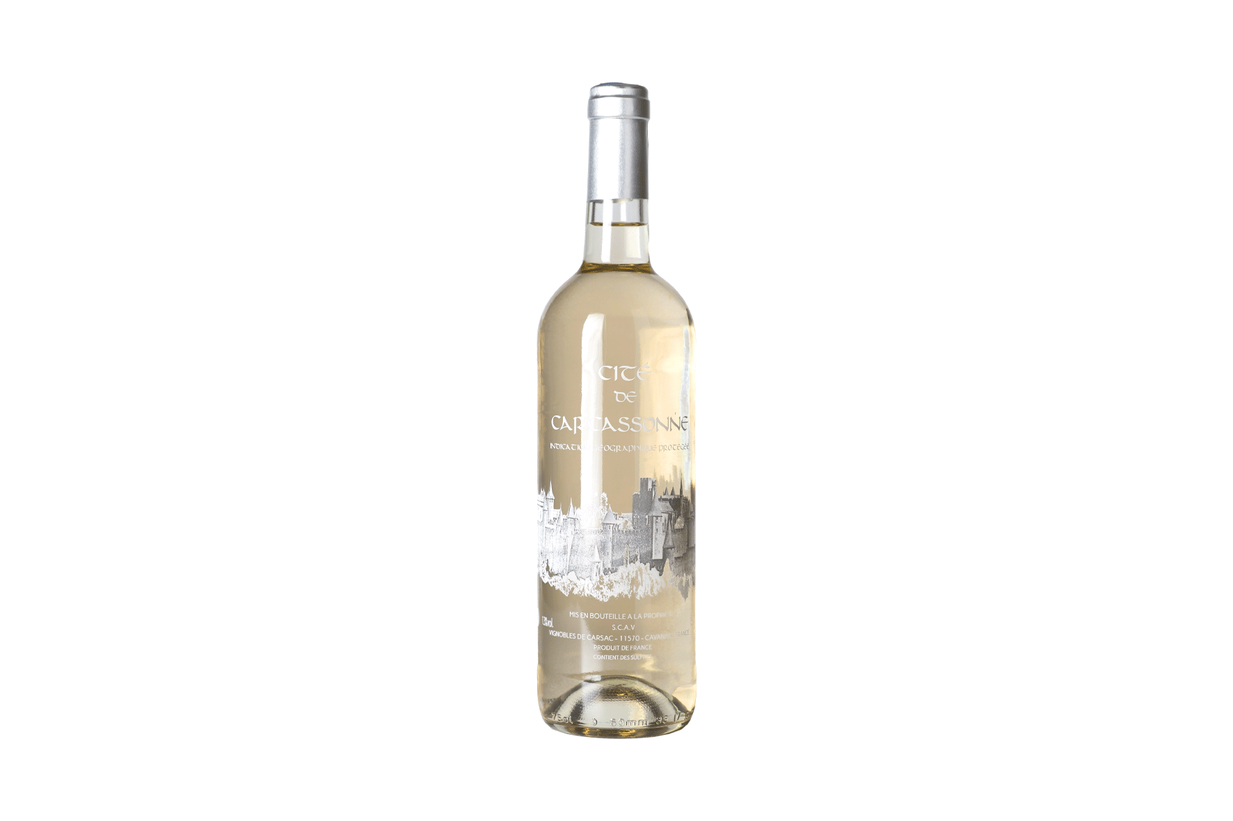 Bouteille de vin blanc sérigraphié cité de Carcassonne des Vignobles de Carsac