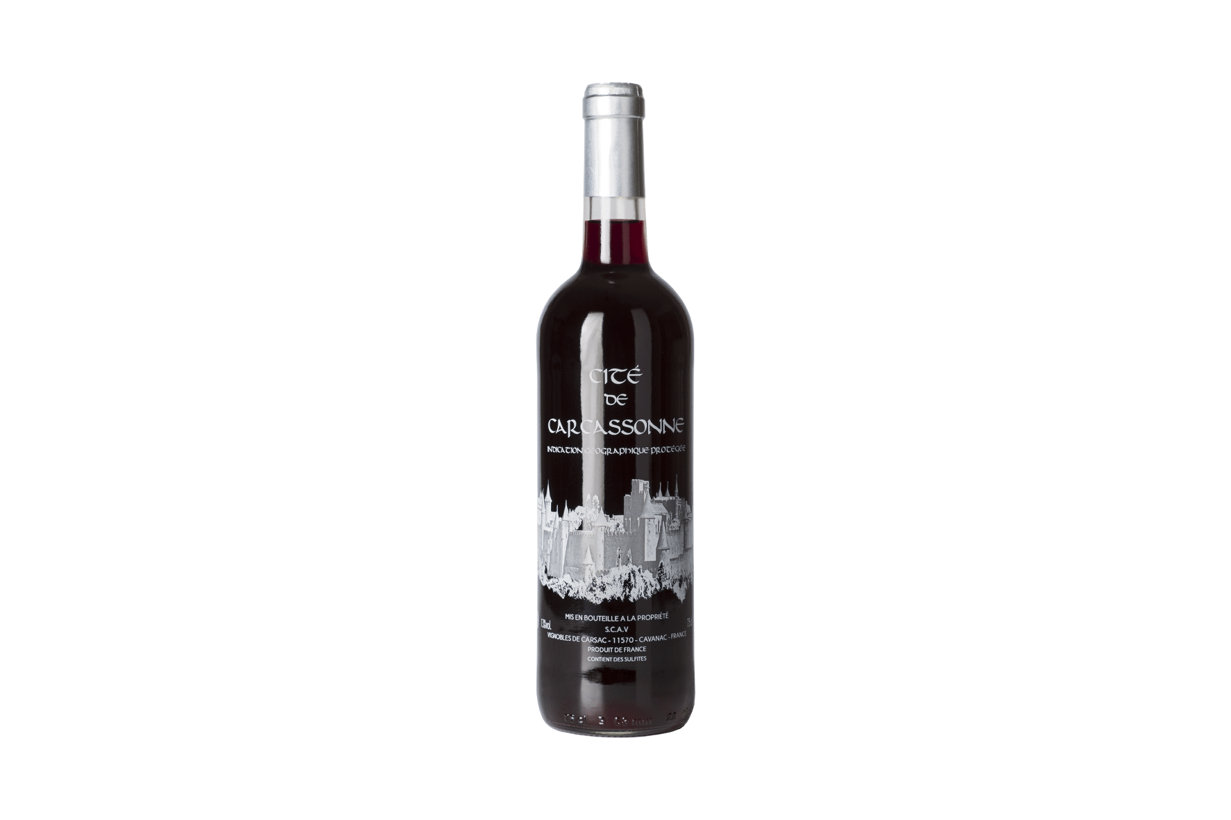 Bouteille de vin rouge sérigraphié cité de Carcassonne des Vignobles de Carsac